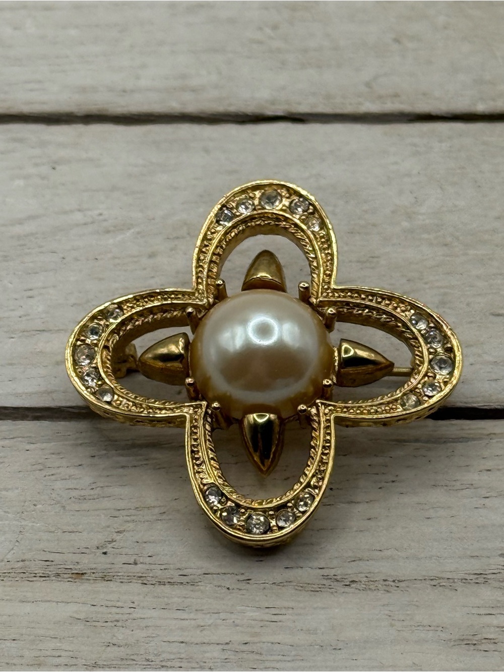 Vintage Gold-Tone Pearl & Crystal Floral Brooch
